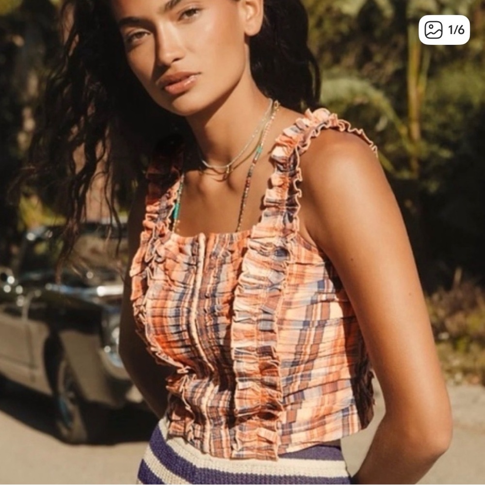 Anthropologie navy and orange plaid tank